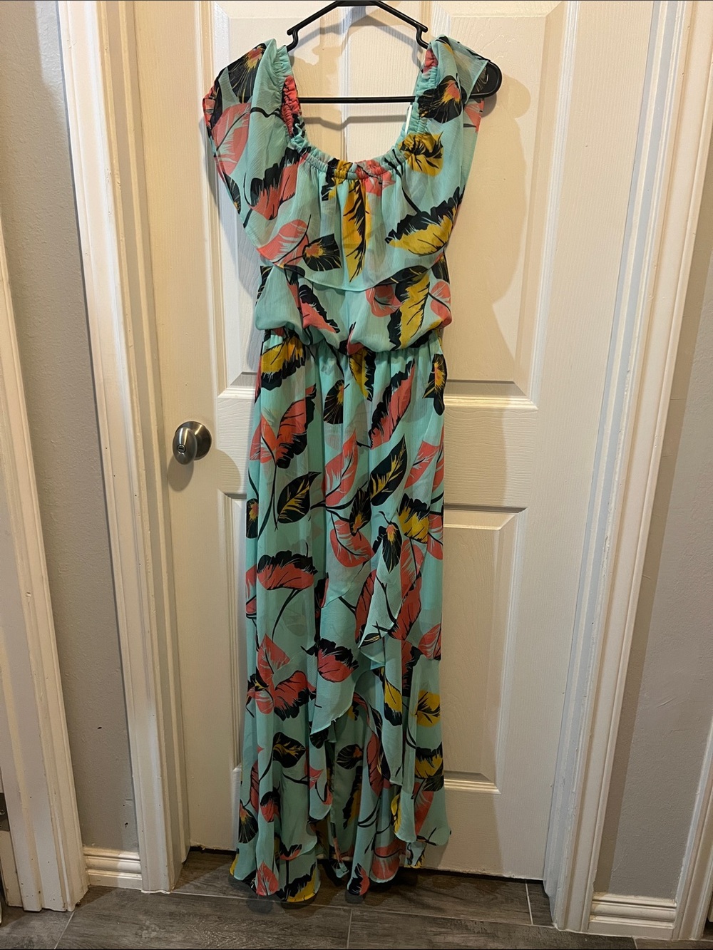 Mint Floral Maxi Dress with Ruffle Neckline